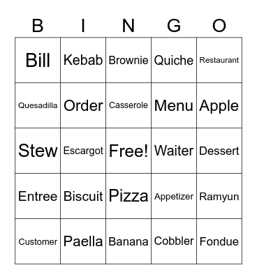 At the Restaurant Bingo Card