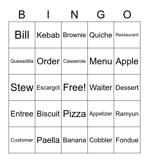 At the Restaurant Bingo Card