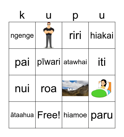 KUPU āhua adjectives Tūāhua Bingo Card