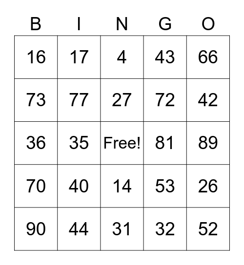 Number Bingo Card