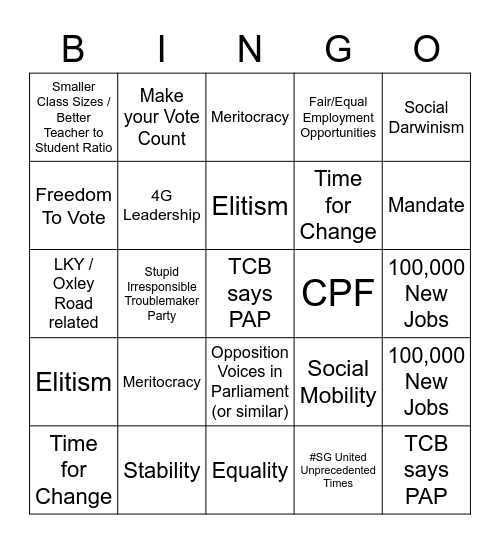 #GE2020 Bingo Card