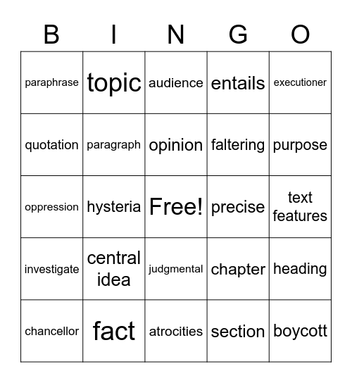 The Boy Who Dared Vocabulary BINGO Card