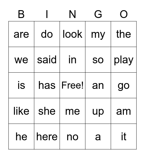 Sight Word Bingo Card