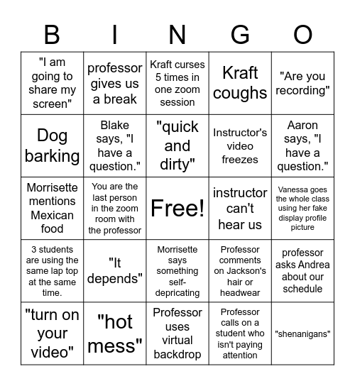 MUSC DPT ZOOM BINGO Card