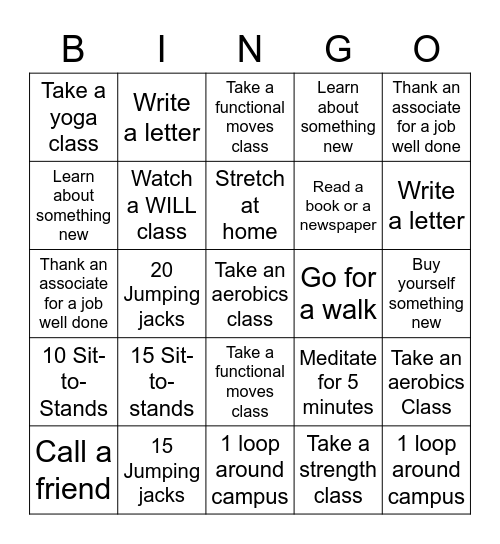 Wellness Bingo Challenge Bingo Card