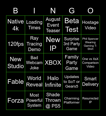 Xbox Game Studios Showcase Bingo Card