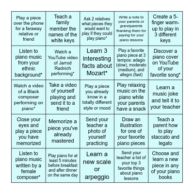 Summer Piano Bingo Card