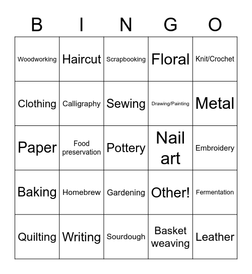 Handcrafted Hangout Bingo Card