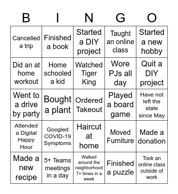 Quarantine Bingo Card