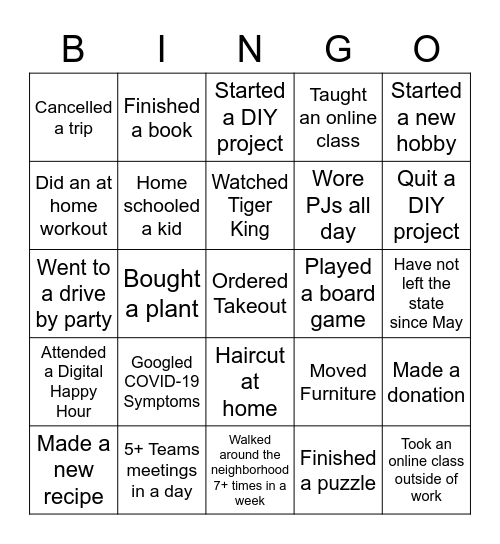 Quarantine Bingo Card