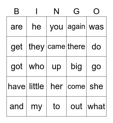 High Frequency Words Bingo Card