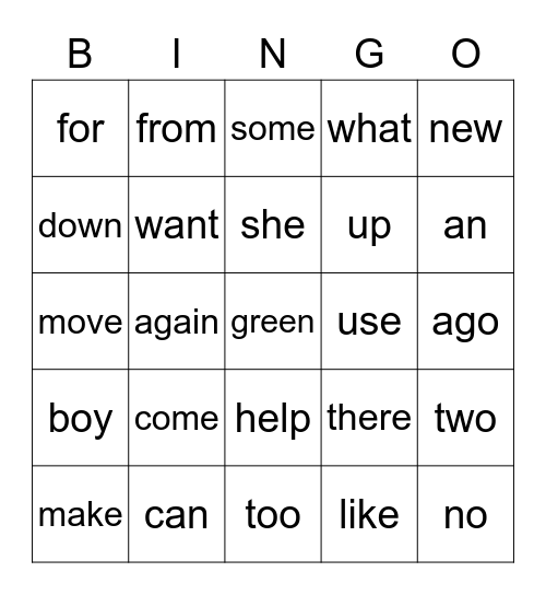 High Frequency Words Bingo Card