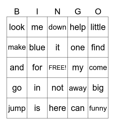 Sight Words Bingo Card