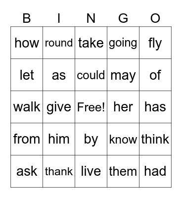 Sight Words Bingo Card