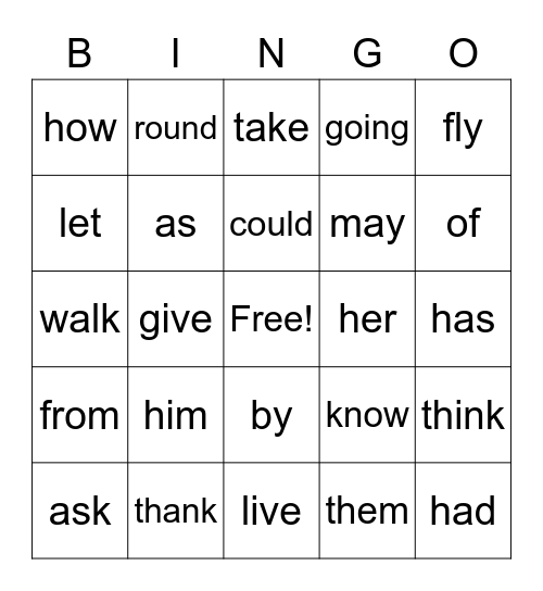 Sight Words Bingo Card