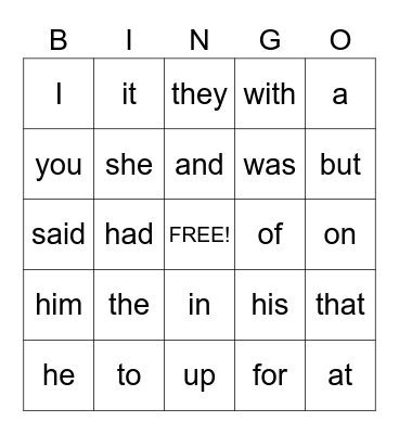Sight Words Bingo Card