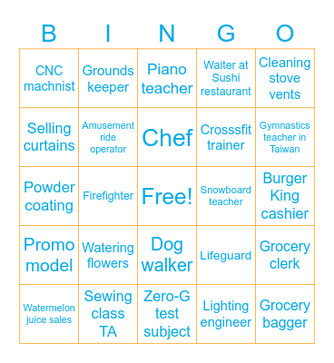 Most unusual job Bingo Card