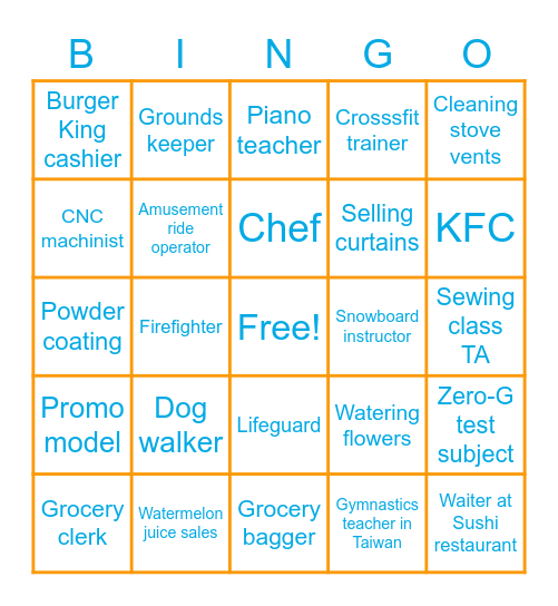 Most unusual job Bingo Card