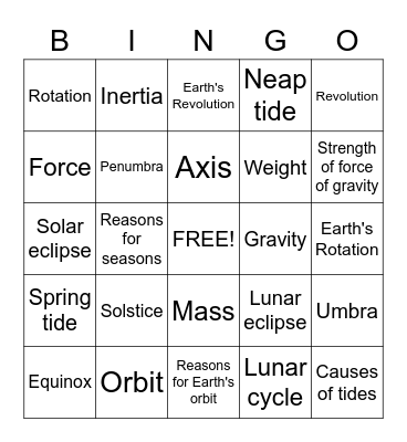 Solar System Bingo Card