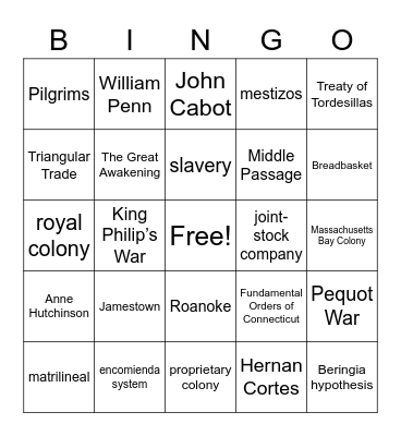 US History Bingo Card