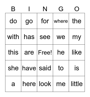 Sight Words Bingo Card