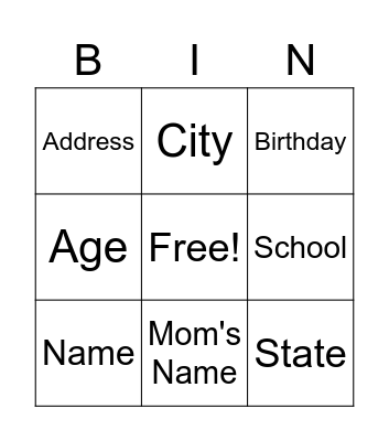 Personal Information Bingo Card