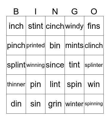 -in sound/chunk Bingo Card