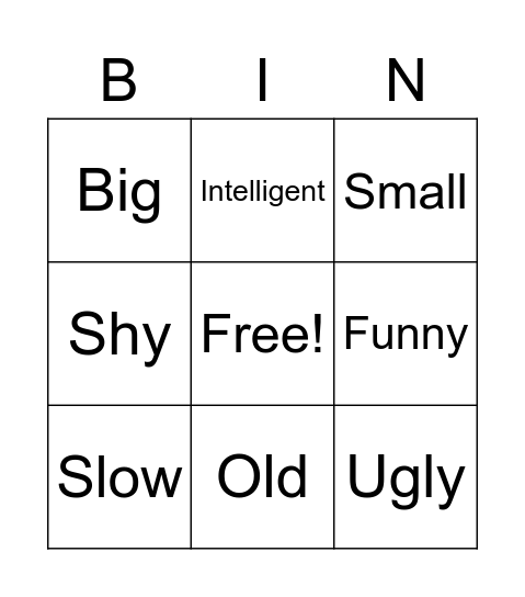 Adjectives Bingo Card