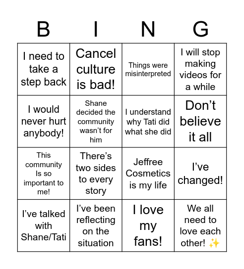 Jeffree’s Dramageddon Response Bingo Card