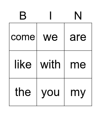 Sight Words Bingo Card