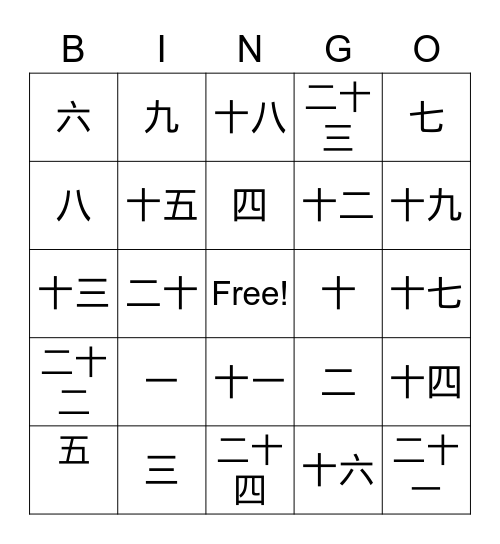 Chinese Numbers Bingo Card