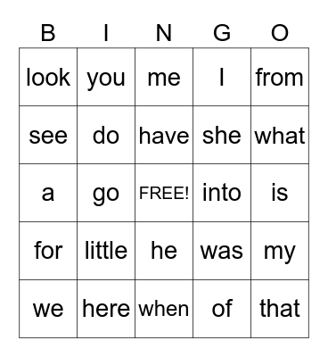 Sight Words Bingo Card