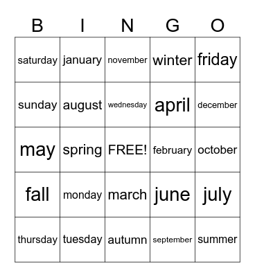 Calendar Words Bingo Card