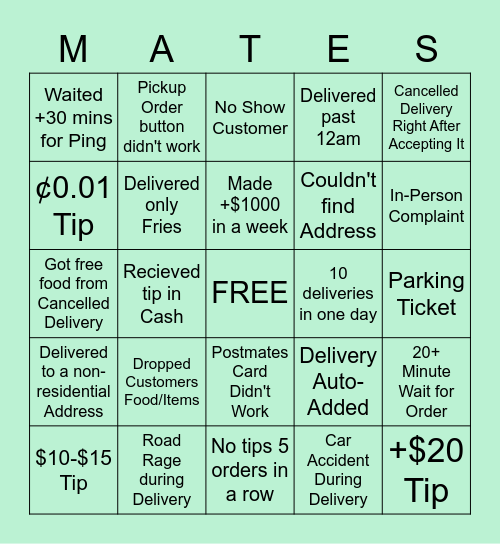 Postmates Bingo Card