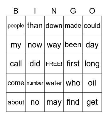 Sight Words Bingo Card