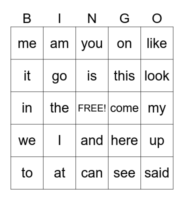 Sight Words Bingo Card
