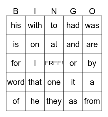 Sight Words Bingo Card