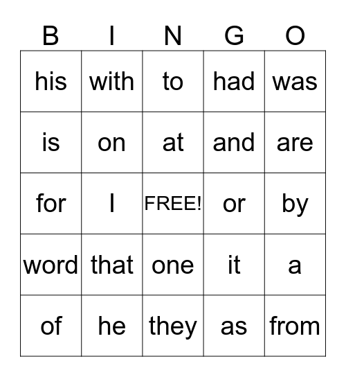 Sight Words Bingo Card