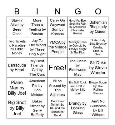 Music Bingo (1970s) Bingo Card