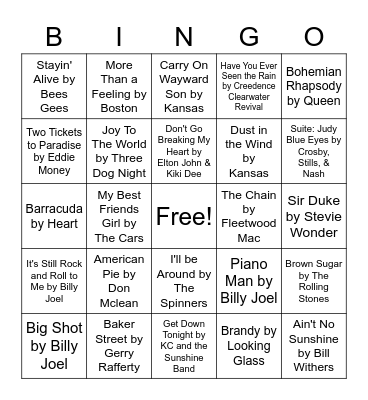 Music Bingo (1970s) Bingo Card