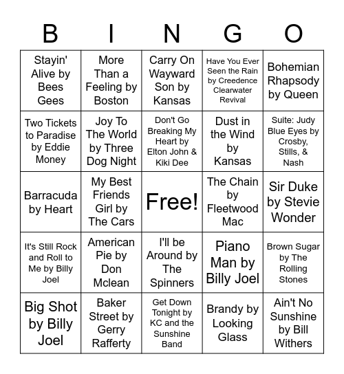 Music Bingo (1970s) Bingo Card