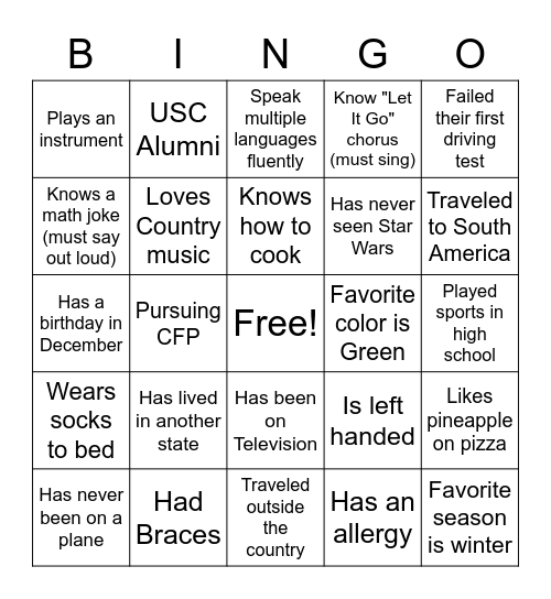 Team Building Bingo Card