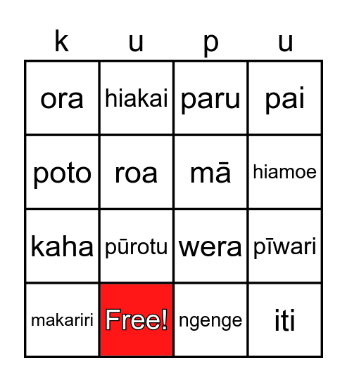 kupu āhua Bingo Card