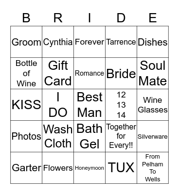 Tarrence & Cynthia Wedding 12-13-14 Bingo Card