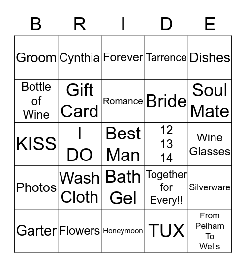 Tarrence & Cynthia Wedding 12-13-14 Bingo Card