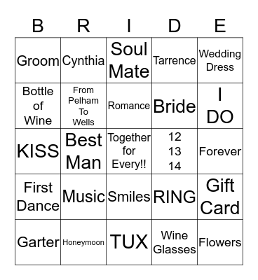 Tarrence & Cynthia Wedding 12-13-14 Bingo Card