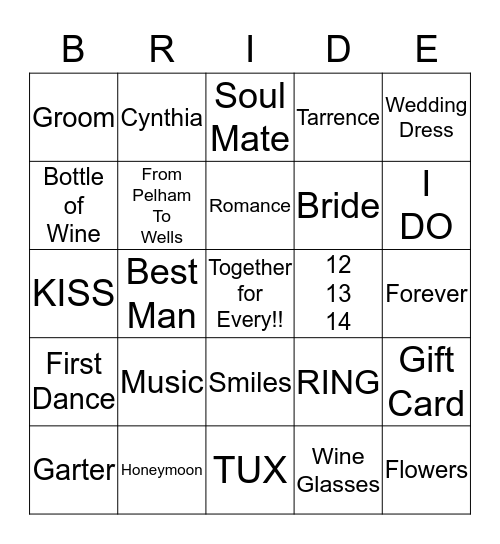 Tarrence & Cynthia Wedding 12-13-14 Bingo Card