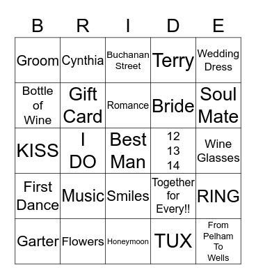 Tarrence & Cynthia Wedding 12-13-14 Bingo Card