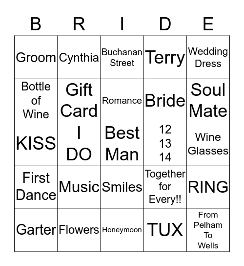Tarrence & Cynthia Wedding 12-13-14 Bingo Card