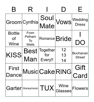 Tarrence & Cynthia Wedding 12-13-14 Bingo Card